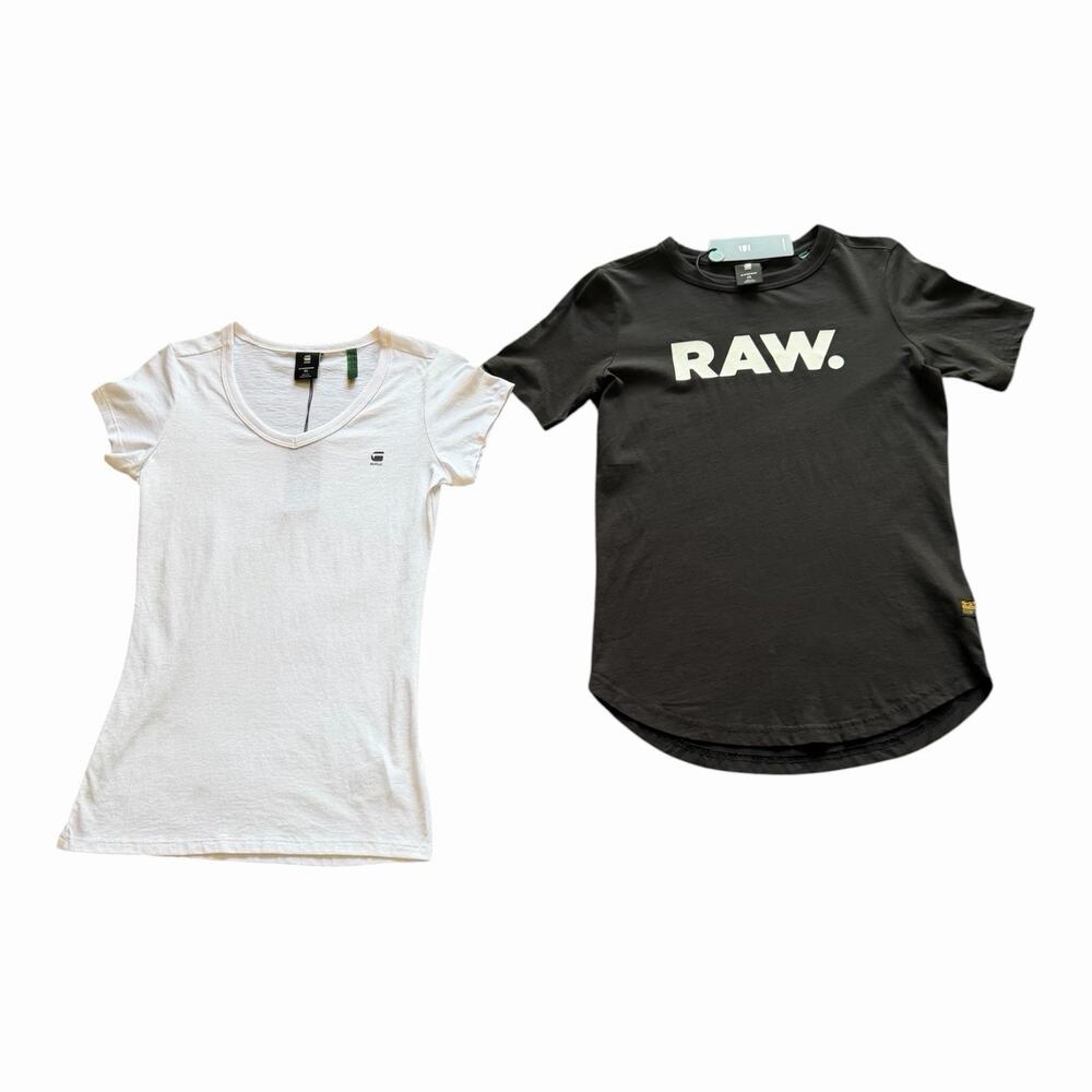 G-Star RAW Tee Bundle XS NWT White V Neck & Black Logo Graphic Slim Fit Shirts